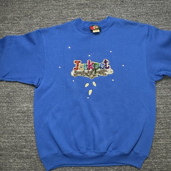 Vintage Jostens Sportswear Jackpot Sweatshirt Large Blue Sequins Casino USA 90s - Picture 4 of 12